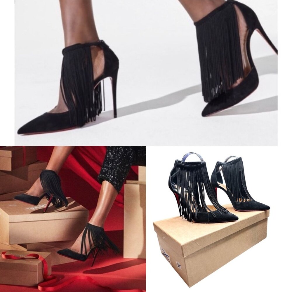 Christian Louboutin Courtain 100 Fringe Heels Black Suede EU 39.5 US 9.5